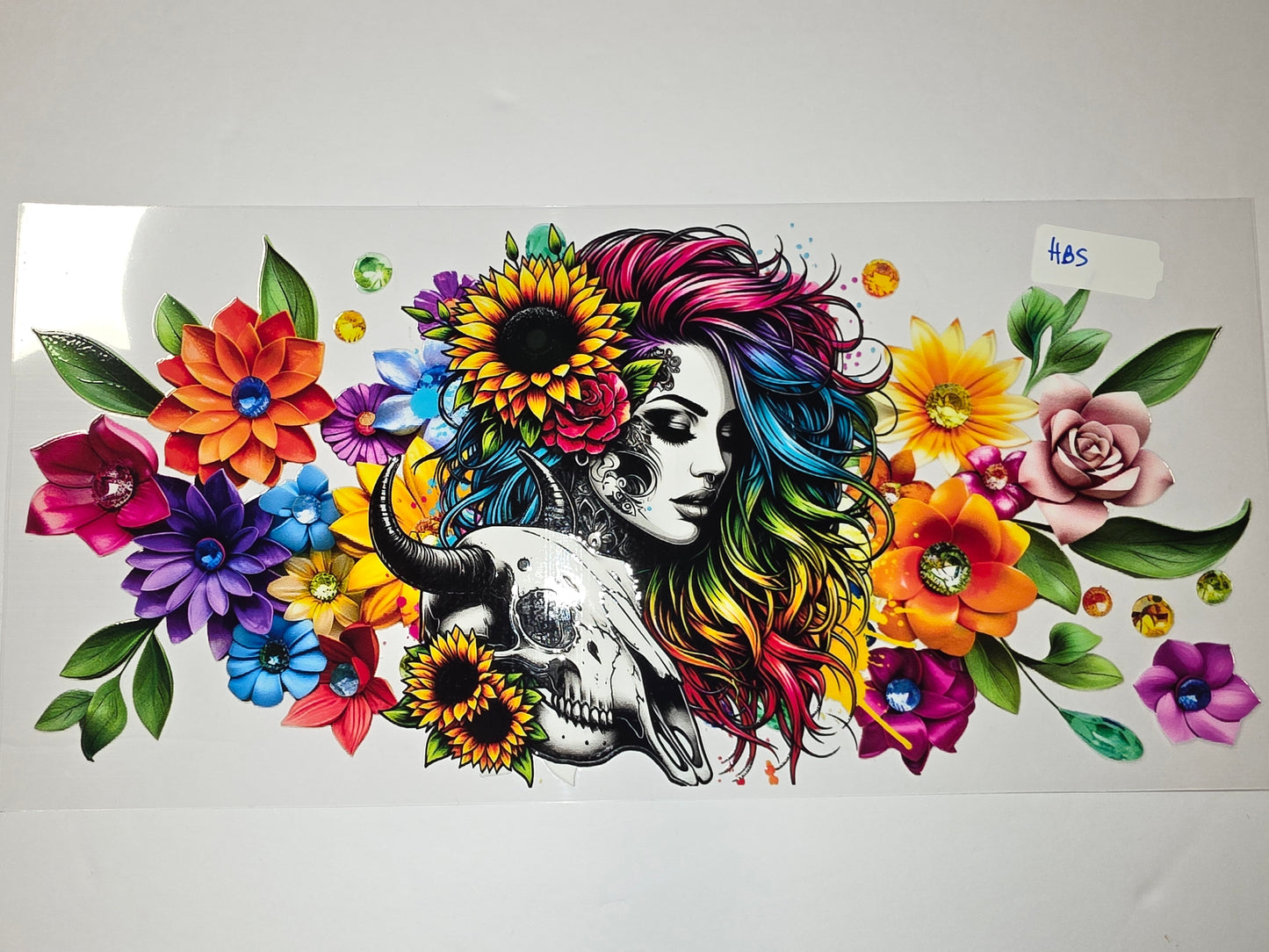 Boho Skull Woman Tumbler Wrap - Vibrant Floral & Rainbow Hair Design