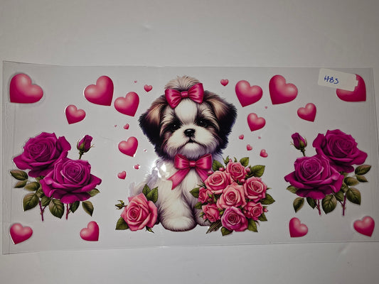Cute Shih Tzu Puppy with Pink Roses & Hearts Tumbler Wrap | Valentine's Day Dog Design