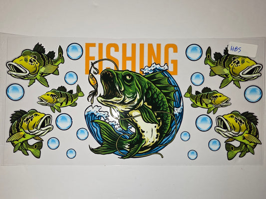 Aggressive Bass Fishing Tumbler Wrap - Green & Yellow Fish, Bubbles, Water Splash Design