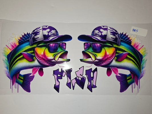 Cool Fish Tumbler Wrap - Camo Hat & Sunglasses Design - Vibrant Rainbow Colors