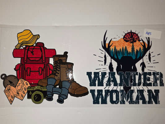 Wander Woman Adventure Tumbler Wrap | Hiking Boots, Backpack, Map & Compass Design
