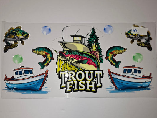 Trout Fishing Boat Tumbler Wrap | Vibrant Fish & Nautical Design | Sublimation Cup Art