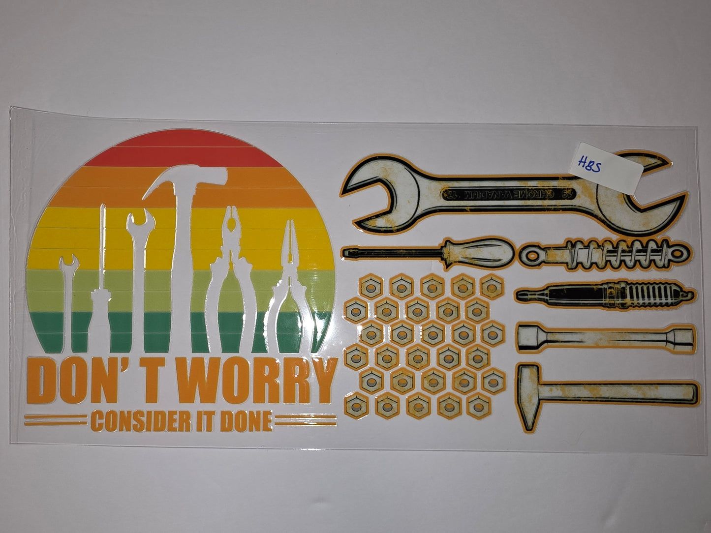 Mechanic Tools Sunset Tumbler Wrap | "Don't Worry Consider It Done" Design | Retro Orange, Yellow, Green