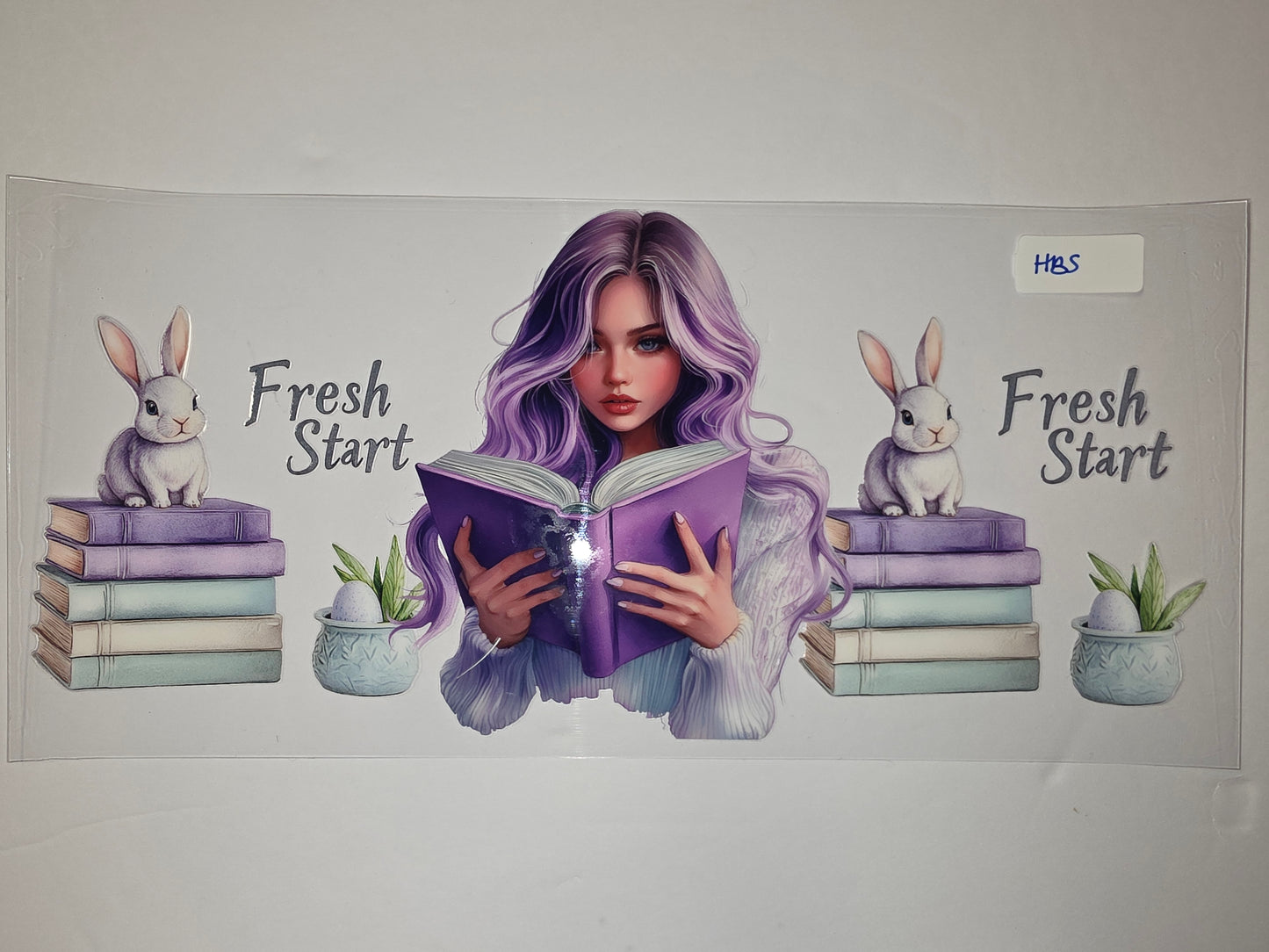Purple Hair Girl Reading Book Bunny Tumbler Wrap | Fresh Start Aesthetic | Pastel Books & Easter Egg Design