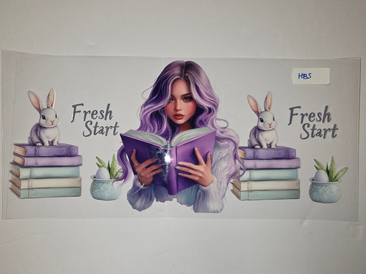 Purple Hair Girl Reading Book Bunny Tumbler Wrap | Fresh Start Aesthetic | Pastel Books & Easter Egg Design