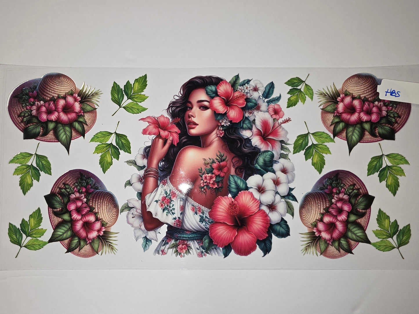 Tropical Beauty & Hibiscus Flower Tumbler Wrap | Beach Hat & Floral Design