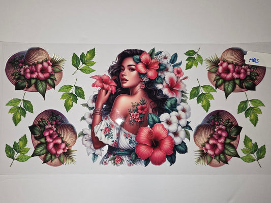 Tropical Beauty & Hibiscus Flower Tumbler Wrap | Beach Hat & Floral Design