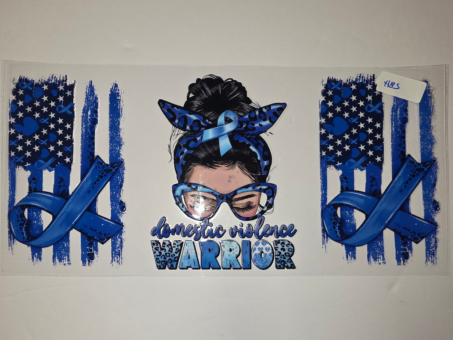 Blue Ribbon Domestic Violence Warrior Tumbler Wrap | Messy Bun Girl & US Flag Design