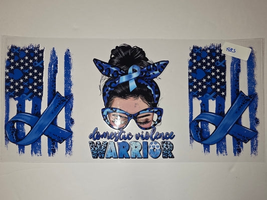 Blue Ribbon Domestic Violence Warrior Tumbler Wrap | Messy Bun Girl & US Flag Design