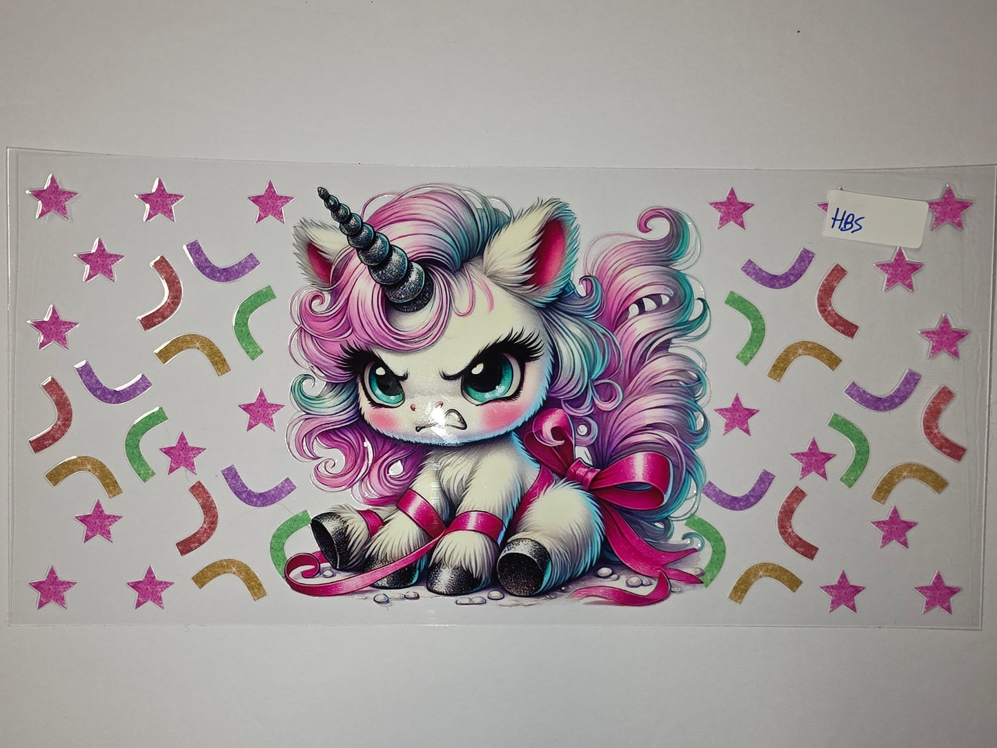 Grumpy Unicorn Tumbler Wrap - Pink, Teal, Purple Stars & Confetti Design