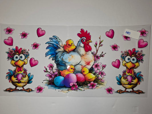 Cute Easter Chicken & Chicks Tumbler Wrap | Pink Flowers & Hearts | Spring Drinkware Design