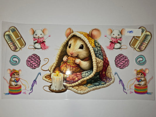Cozy Knitting Mice Tumbler Wrap | Whimsical Crafting Mouse Design | Sublimation Cup Art