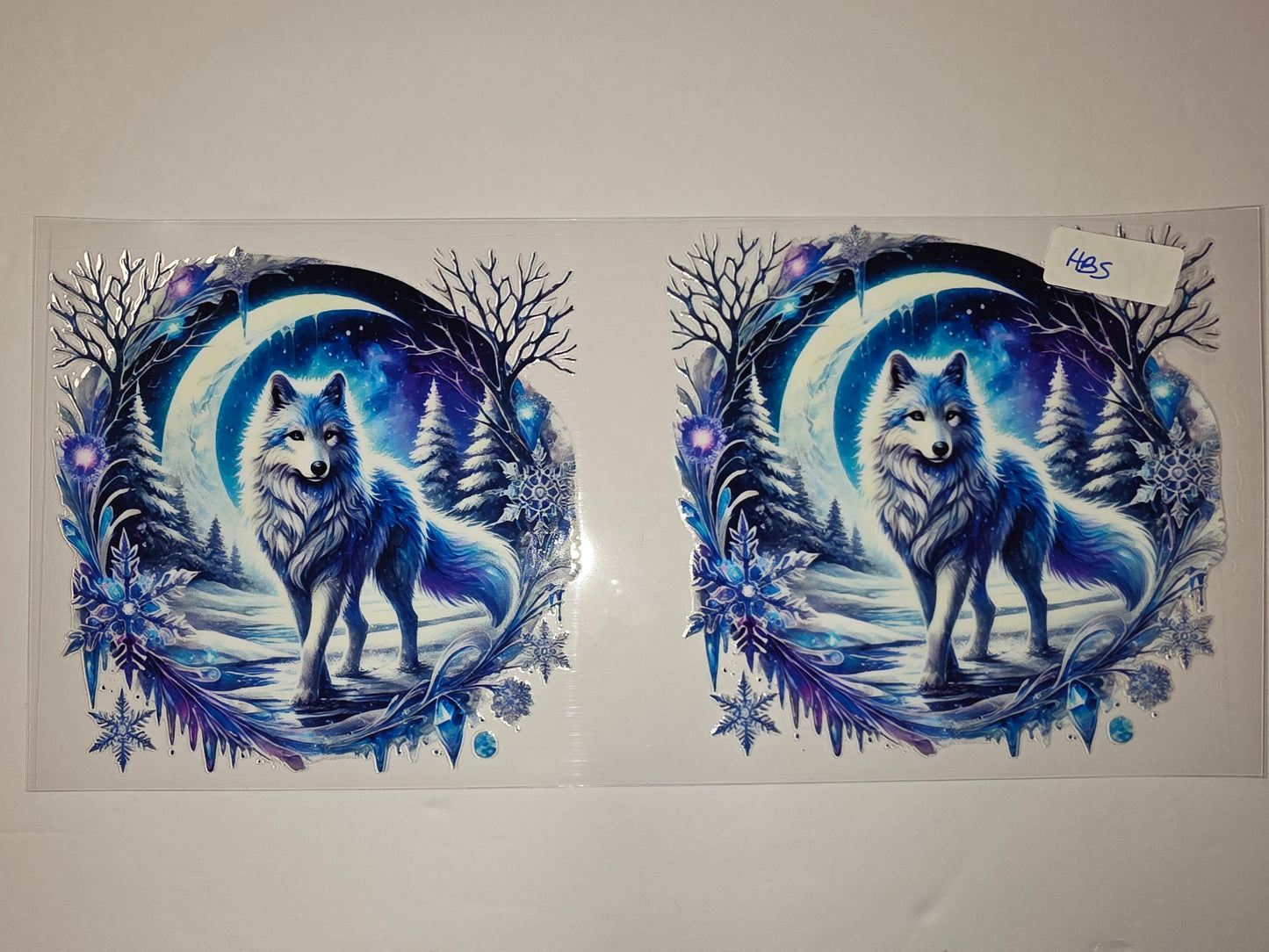 Winter Wolf Moon Tumbler Wrap - Blue & White Snowflakes & Forest Design