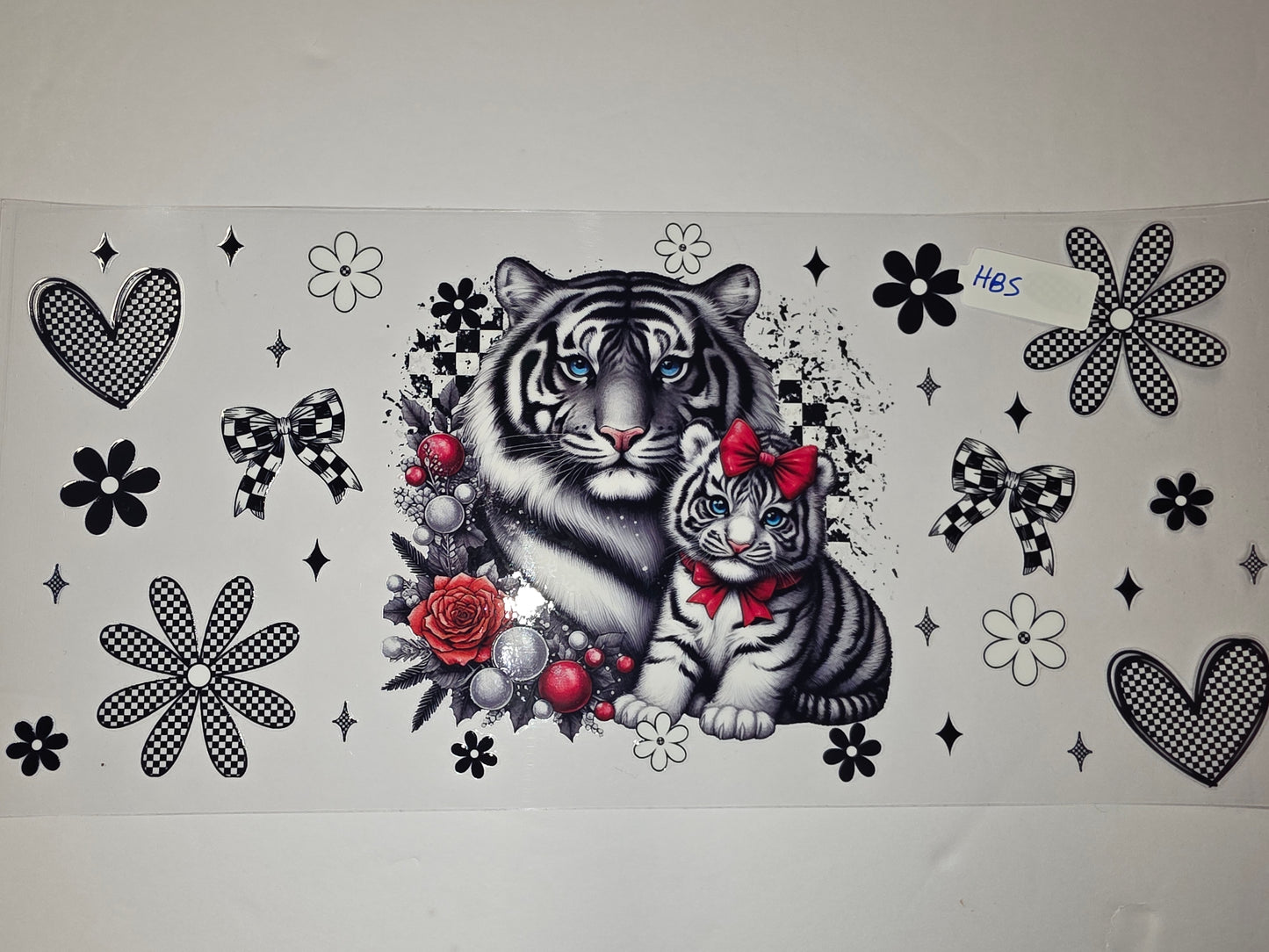 Monochrome Tiger Family Tumbler Wrap with Red Bows & Checkerboard Accents