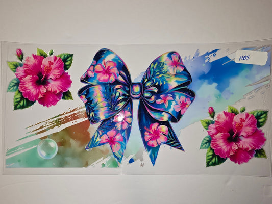 Vibrant Hibiscus Bow Tumbler Wrap | Tropical Floral Drinkware Design | Pink & Blue