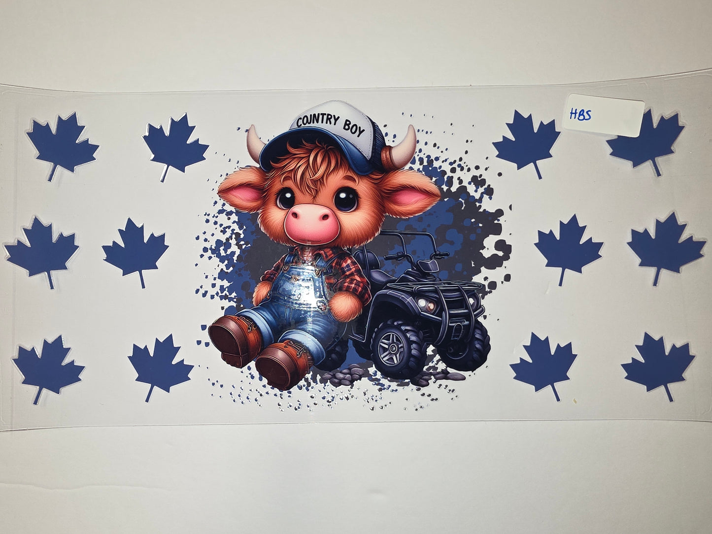 Cute "Country Boy" Highland Cow with ATV Tumbler Wrap | Blue Maple Leaf Design