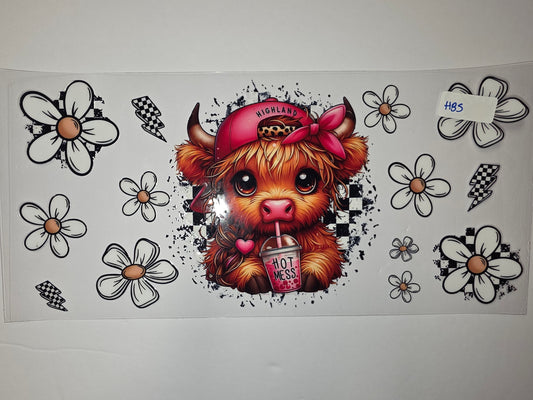 Cute Highland Cow Tumbler Wrap | Daisy & Lightning Bolt Design | Pink & Orange
