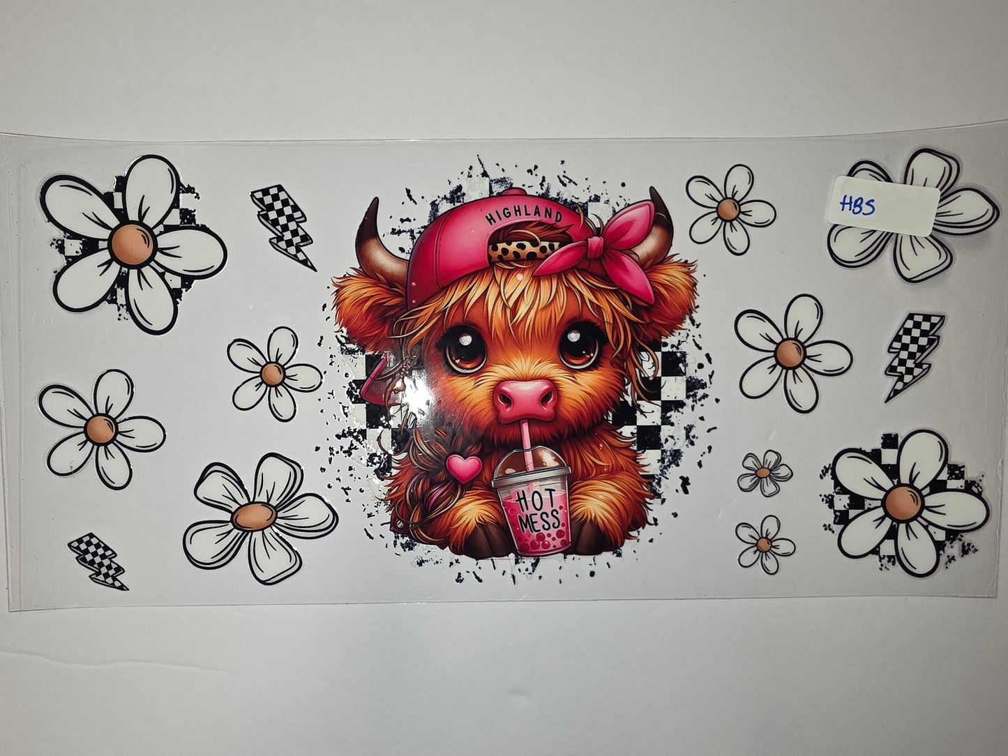 Cute Highland Cow Tumbler Wrap | Daisy & Lightning Bolt Design | Pink & Black Checkered