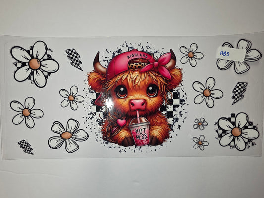 Cute Highland Cow Tumbler Wrap | Daisy & Lightning Bolt Design | Pink & Black Checkered