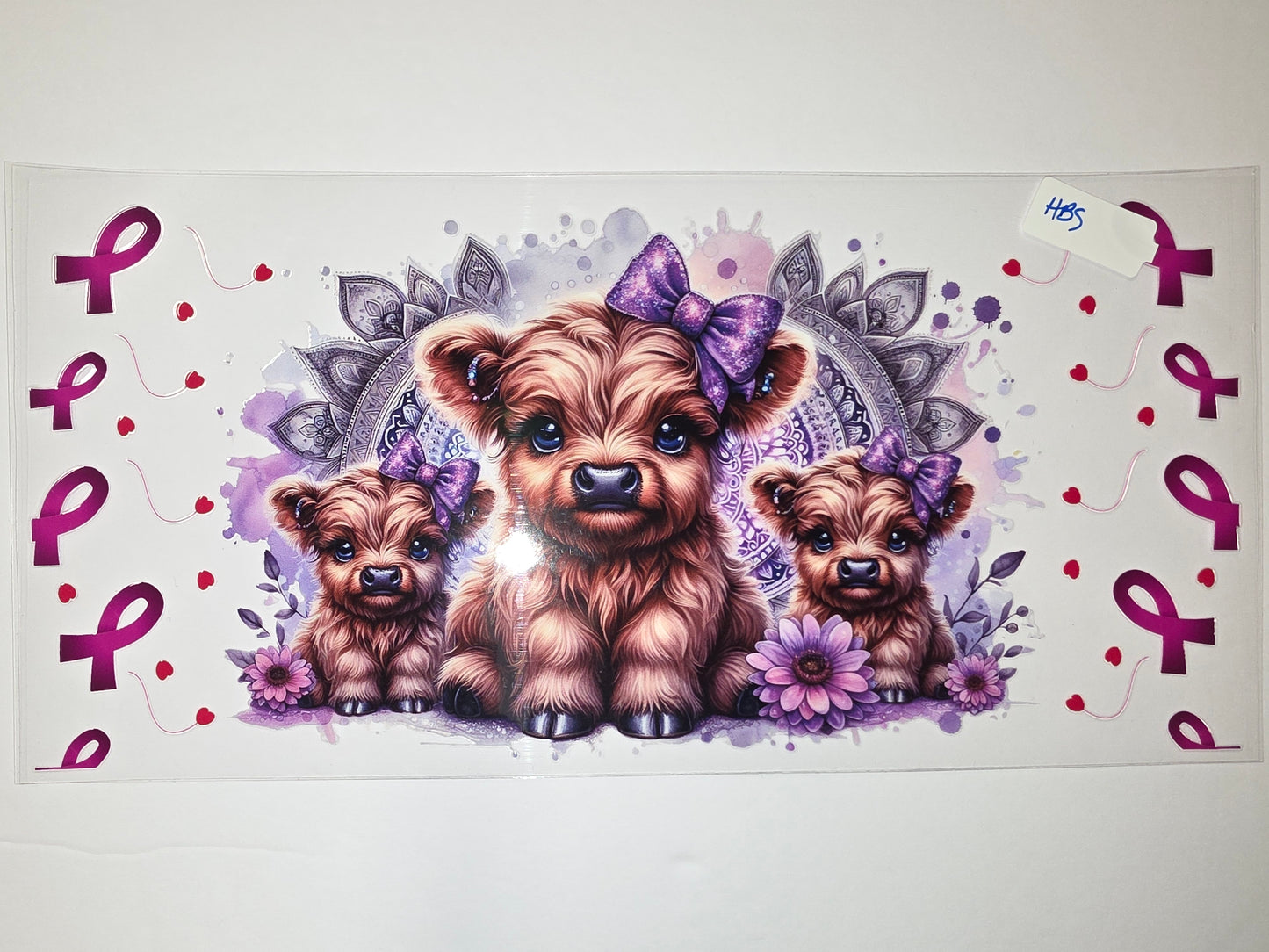 Cute Highland Cow Family Tumbler Wrap | Purple Bows & Ribbons | Watercolor Flowers