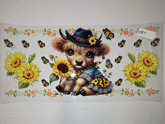 Cute Highland Cow with Sunflowers & Butterflies Tumbler Wrap | Western Farmhouse Drinkware Design