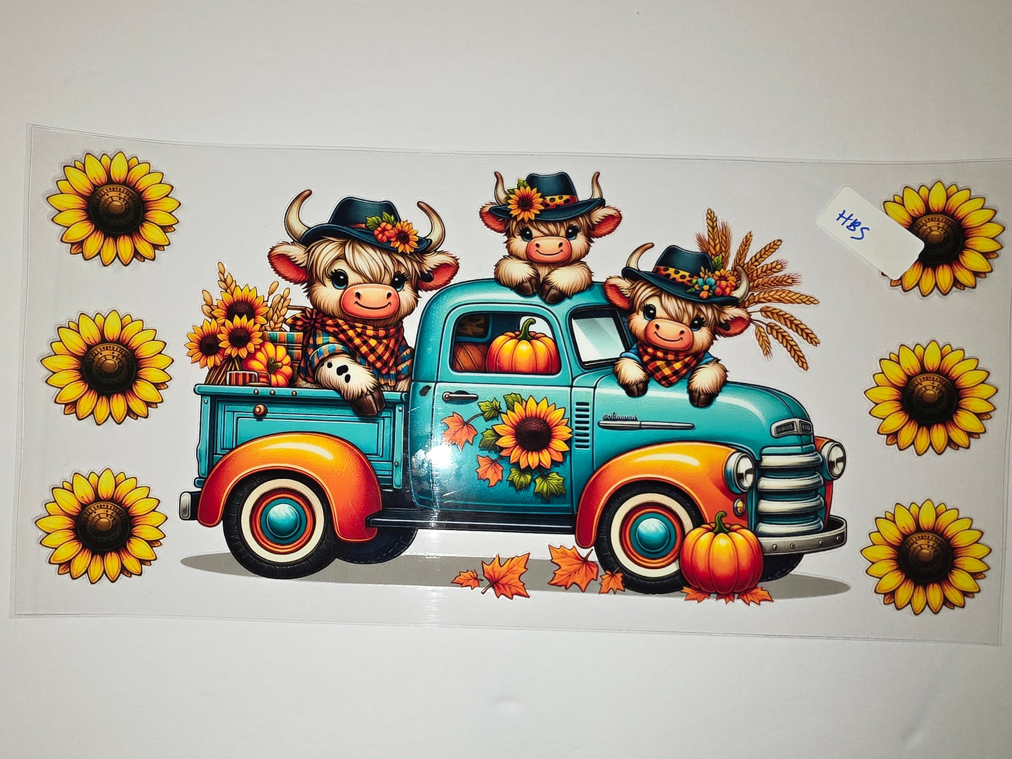 Cute Highland Cows in Teal Truck with Sunflowers & Pumpkins Tumbler Wrap