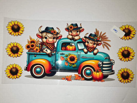 Cute Highland Cows in Teal Truck with Sunflowers & Pumpkins Tumbler Wrap