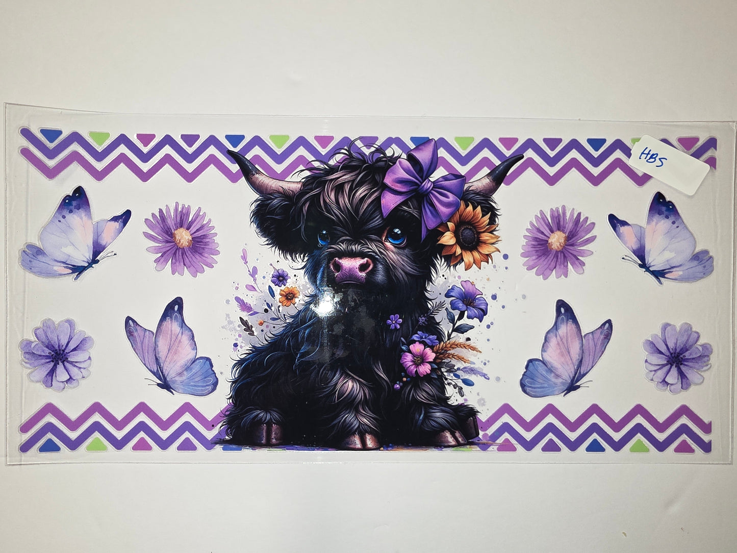 Cute Highland Cow Tumbler Wrap with Purple Butterflies & Flowers - Sublimation Design