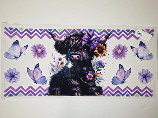 Cute Highland Cow Tumbler Wrap with Purple Butterflies & Flowers - Sublimation Design