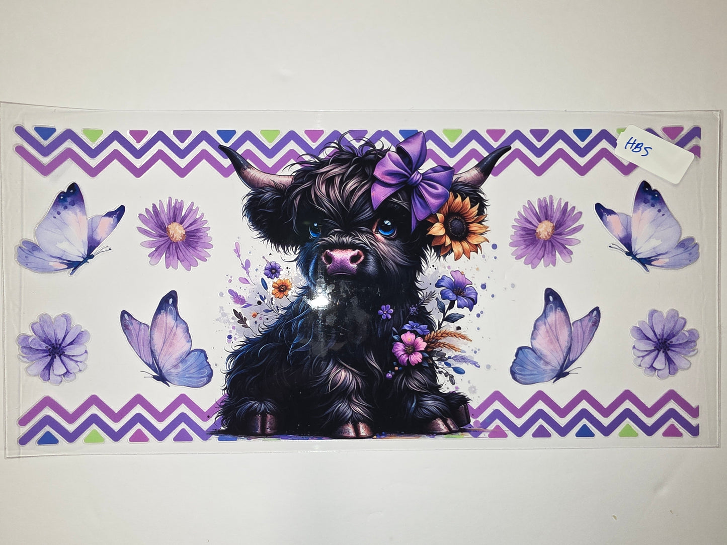 Cute Highland Cow Tumbler Wrap with Purple Butterflies & Flowers - Boho Style Drinkware Design