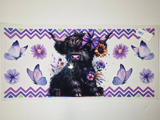 Cute Highland Cow Tumbler Wrap with Butterflies and Flowers - Purple & Blue Design