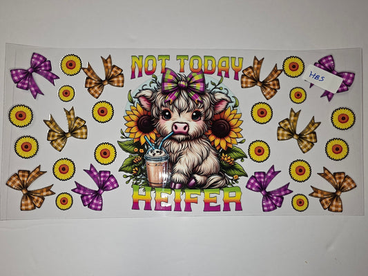 Cute Highland Cow "Not Today Heifer" Tumbler Wrap with Sunflowers & Plaid Bows