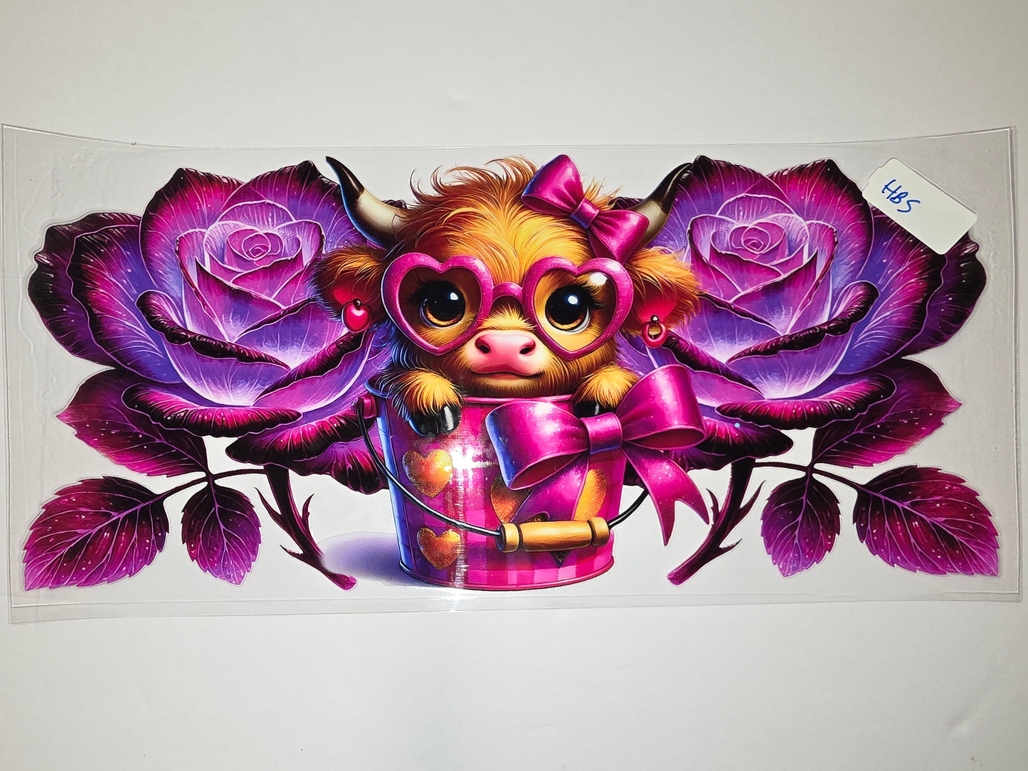 Cute Highland Cow Tumbler Wrap - Pink Roses & Hearts Design