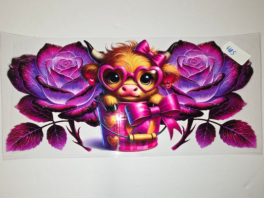 Cute Highland Cow Tumbler Wrap - Pink Roses & Hearts Design