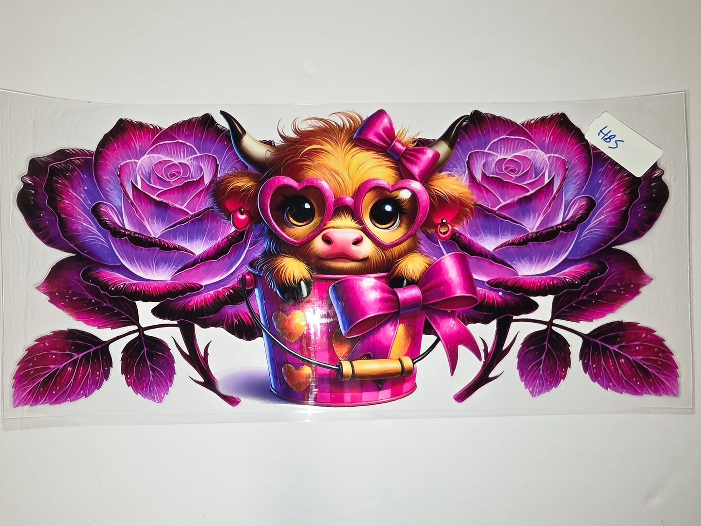 Cute Highland Cow with Roses Tumbler Wrap | Pink Heart Glasses & Bow Design