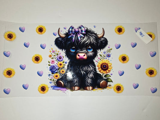 Cute Highland Cow Sunflower Tumbler Wrap | Adorable Calf with Bow & Hearts | Sublimation Design