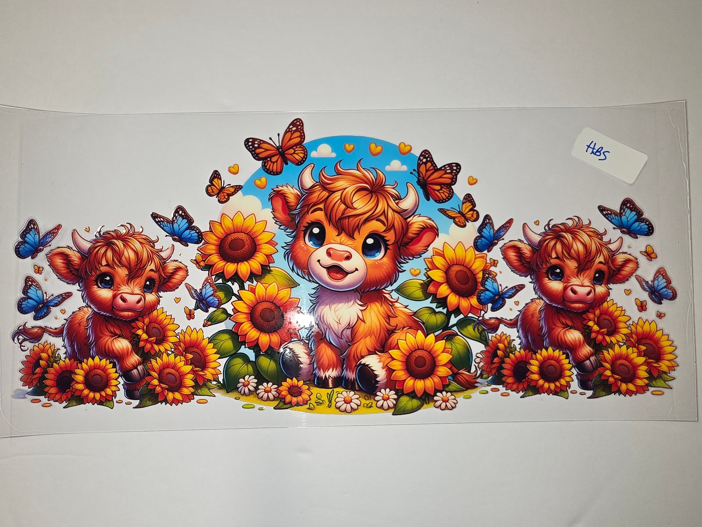 Cute Highland Cow & Sunflower Tumbler Wrap - Whimsical Butterfly Design