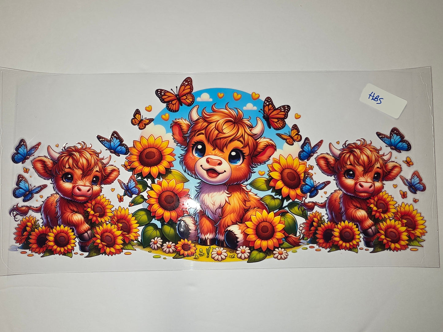 Cute Highland Cow & Sunflower Tumbler Wrap | Whimsical Butterfly Design | Vibrant Orange & Blue