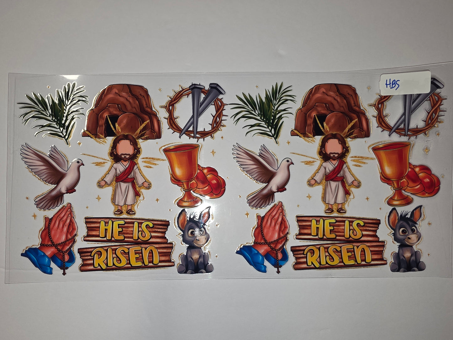 He Is Risen Easter Tumbler Wrap - Jesus, Dove, Praying Hands, Donkey, Crown of Thorns