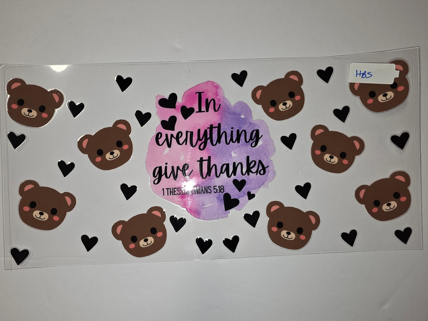 Cute Teddy Bear & Hearts Tumbler Wrap | Pink Purple Watercolor "Give Thanks" Design