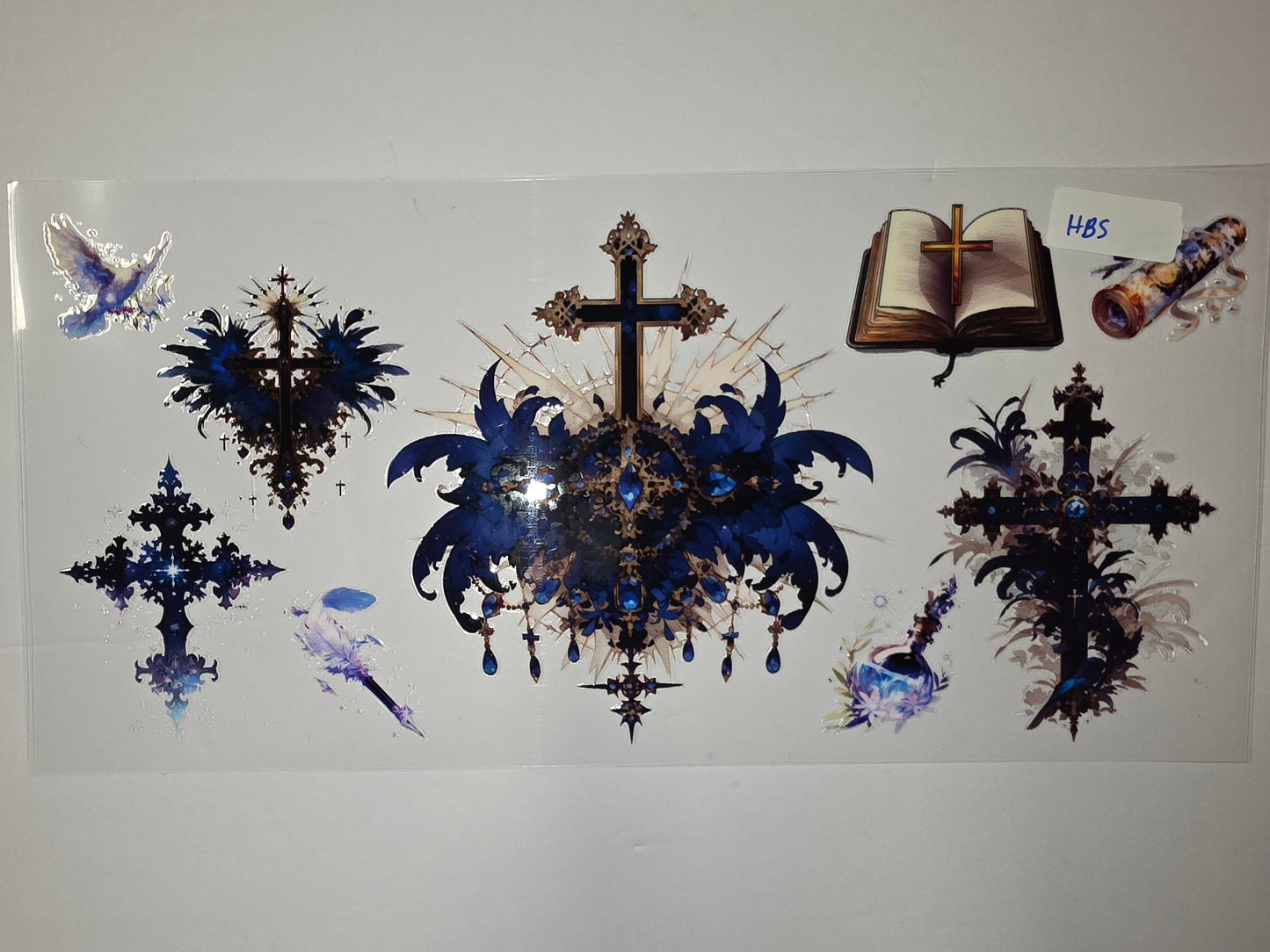 Gothic Cross Tumbler Wrap | Dark Blue & Gold Ornate Designs | Religious & Mystical Drinkware