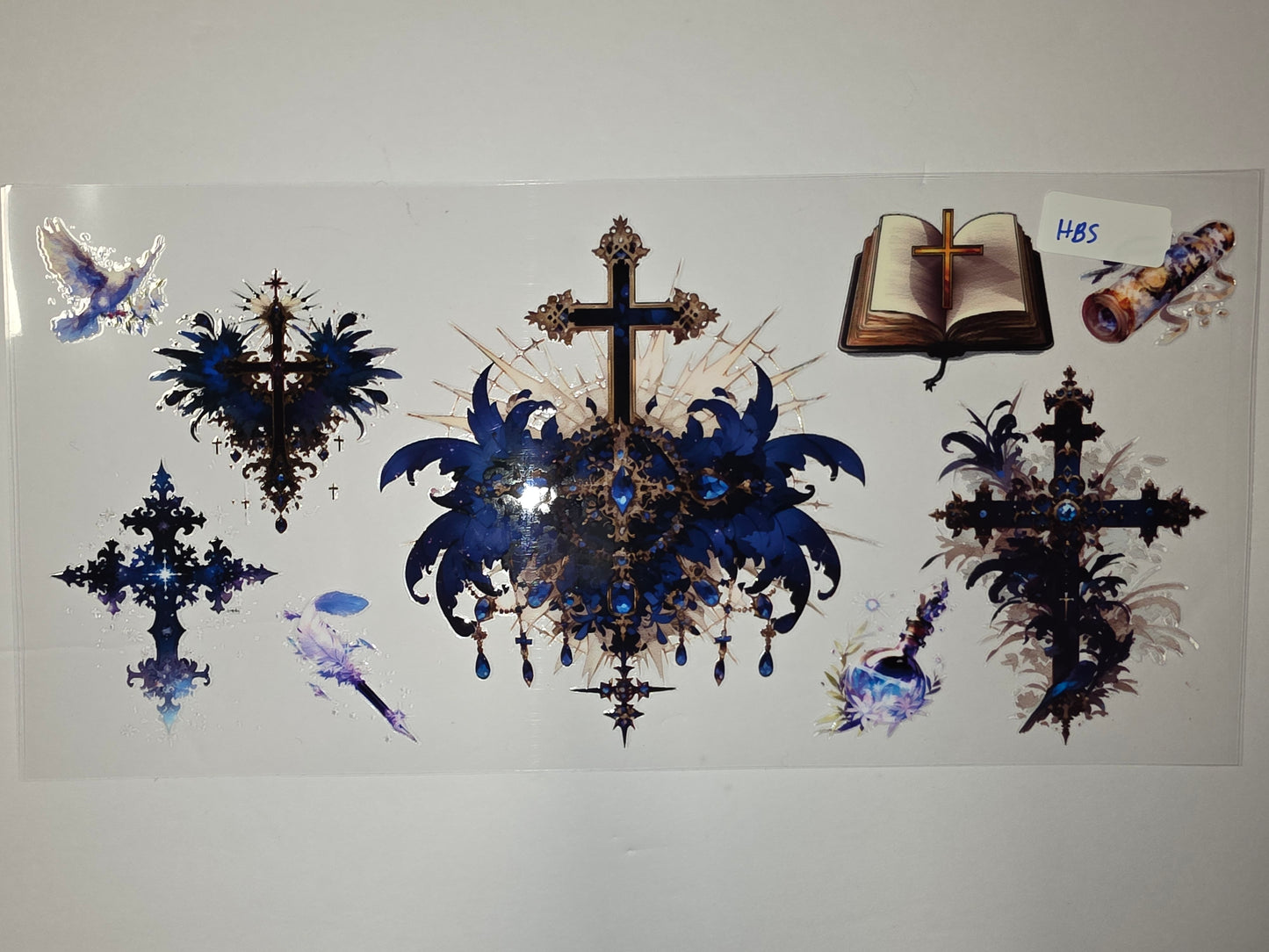 Gothic Cross & Dove Tumbler Wraps | Dark Blue & Gold Ornate Designs | Religious & Spiritual Drinkware