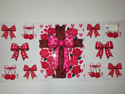 Valentine's Day Cross Tumbler Wrap | Pink Roses, Hearts, Cherries & Bows | Sublimation Design