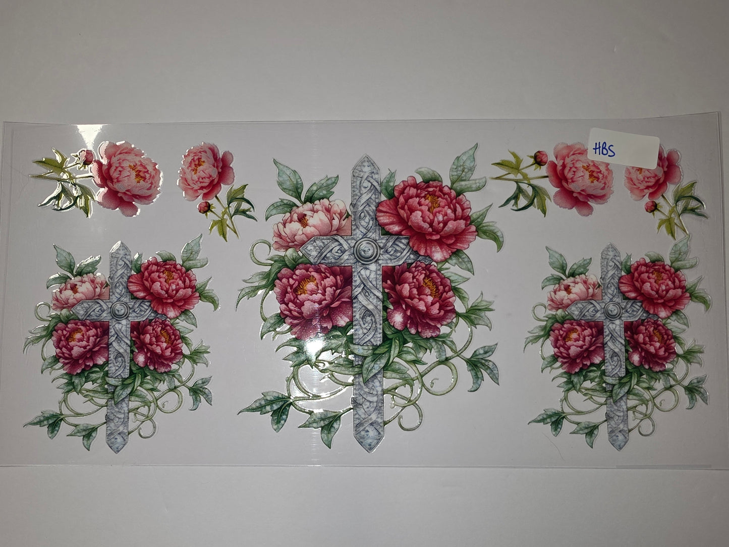 Floral Cross Tumbler Wrap - Pink Peonies & Celtic Knot Design