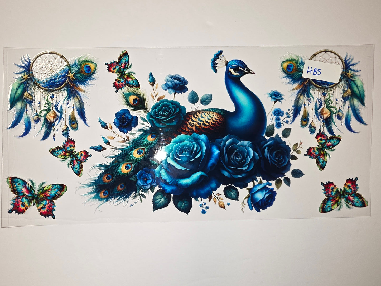 Bohemian Peacock & Blue Rose Tumbler Wrap | Dreamcatcher Butterfly Design