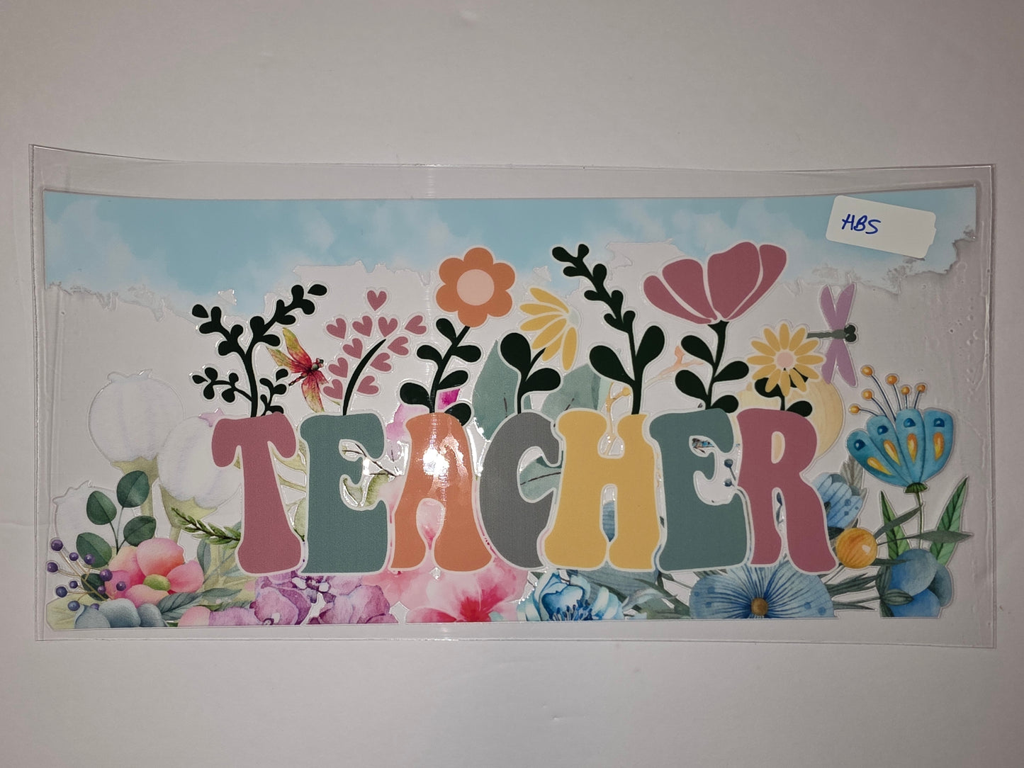 Boho Floral "Teacher" Tumbler Wrap - Pastel Colors & Dragonfly Design