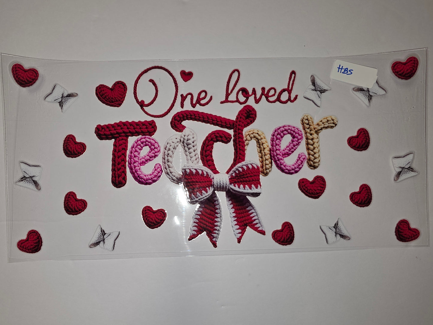 One Loved Teacher Tumbler Wrap - Red, Pink, White, Tan Knitted Design with Hearts & Bow
