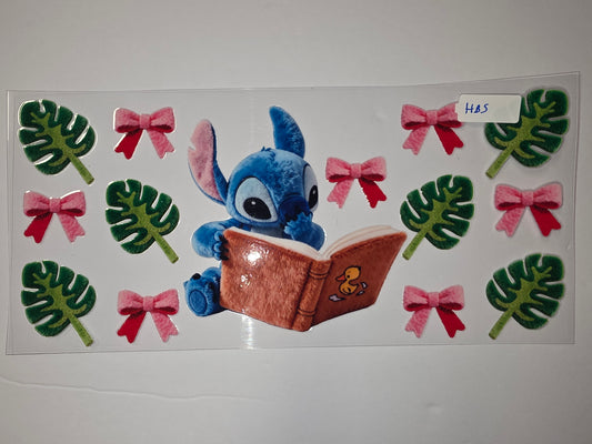 Cute Stitch Reading Book Tumbler Wrap | Tropical Leaves & Pink Bows | Sublimation Design
