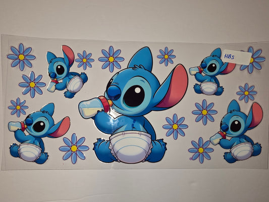 Baby Stitch Tumbler Wrap - Cute Blue Alien with Flowers - Sublimation Design