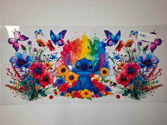 Stitch Rainbow Floral Butterfly Tumbler Wrap | Vibrant Flowers & Cute Character Design